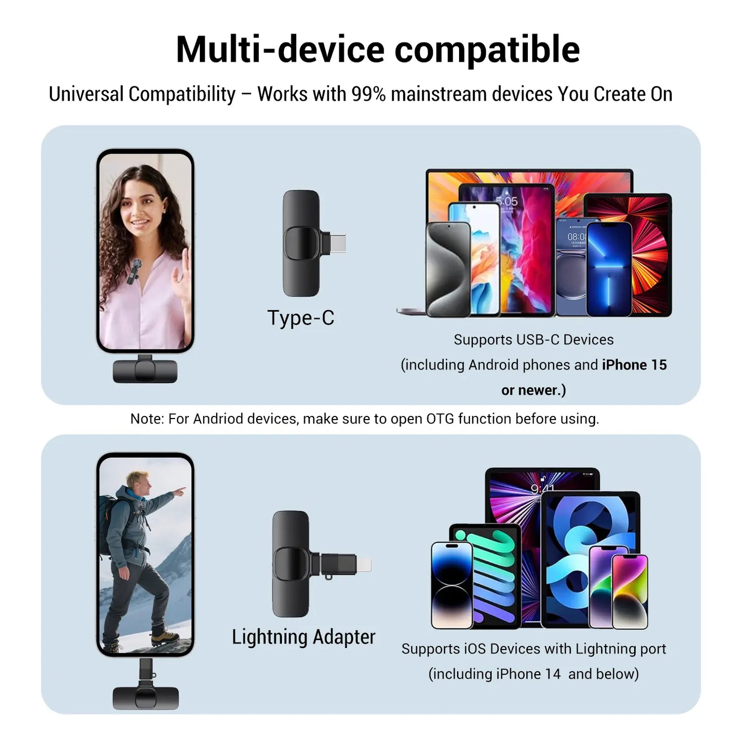 Hitozon Wireless Lavalier Microphone for iPhone 15/16/17, iPad, and Android - Portable USB-C Microphone with Noise Reduction for Video Recording, Vlogging, TikTok, and YouTube